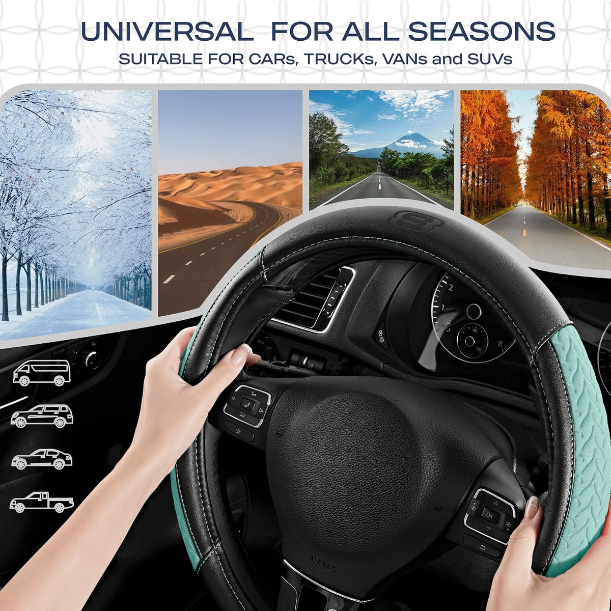 Skechers Steering Wheel Cover,Max Cushioning Leather Steering Wheel Cover Universal Fit 14" 1/2-15" Car Wheel Protector for Men Women Fit Suvs,Vans,Sedans,Car,Trucks,Mint