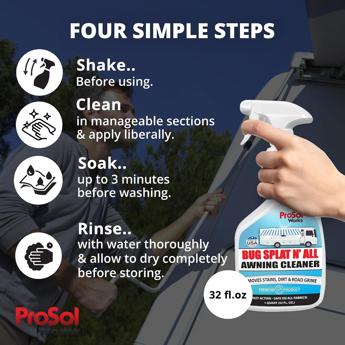 Bug Splat N' All Awning Cleaner 32 fl oz - Boat, Patio, Trailer & RV Awning Cleaner for Bug Splatter, Dirt, Grime & Stain Remover - Awning Fabric Cleaner & Rust Remover - Safe on All Surfaces