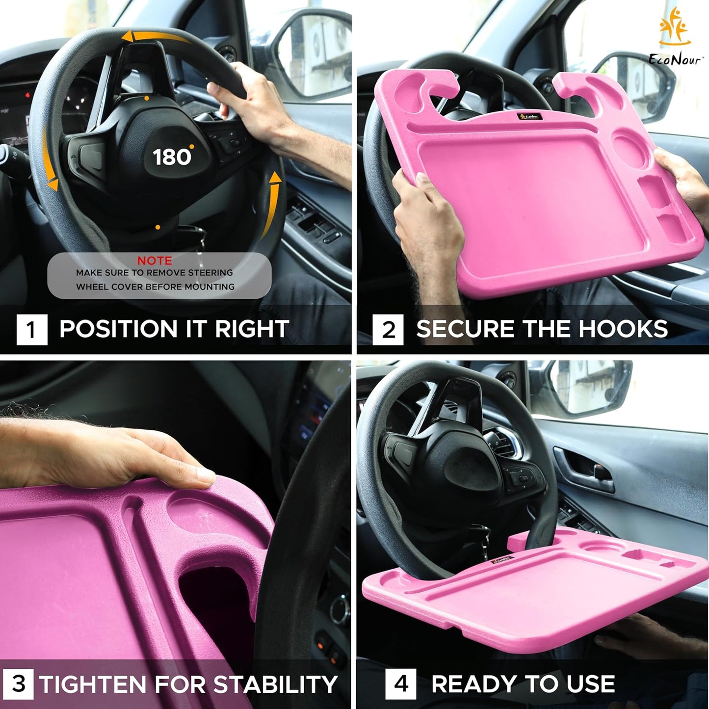 EcoNour 4 in 1 Car Steering Wheel Tray - 2024 Upgraded Pink Tray with Dual Sauce Dip Holder and Tablet Holder | Spacious Steering Wheel Desk for Food and Laptop | Car Accessories (Large)