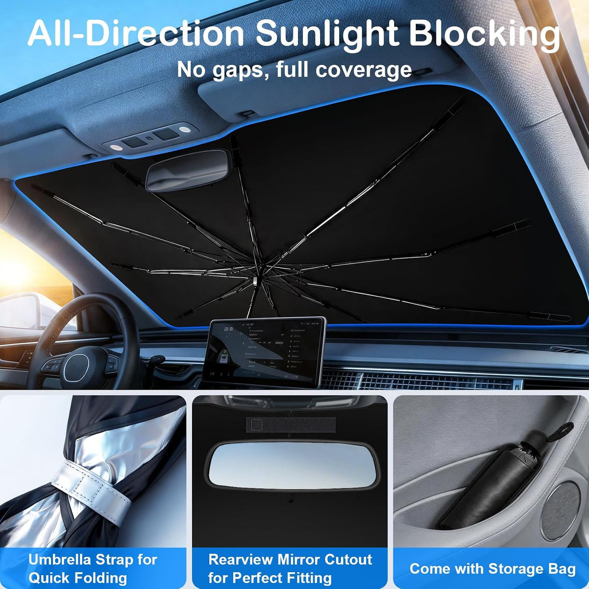 Windshield Sun Shade Umbrella, Foldable Car Windshield Sun Shade Cover, 56" x 31" UV & Heat Insulation Car Sun Shade, Universal Fit for Sedans, SUVs & Trucks