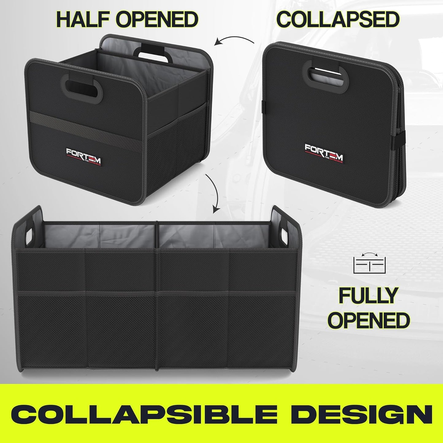 FORTEM Car Trunk Organizer, Collapsible Two Compartment Organizer, Foldable SUV & Truck Storage for Car Accessories for Women Men, Non Slip Bottom, Sturdy Side Walls, Strong Handles, 45L