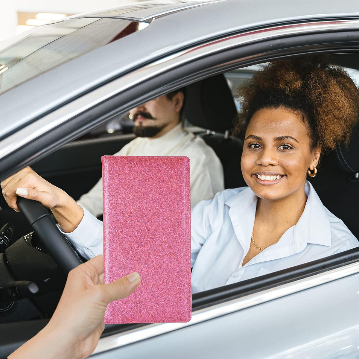 Leather Car Registration and Insurance Holder Magnetic Shut, Glitter Pink