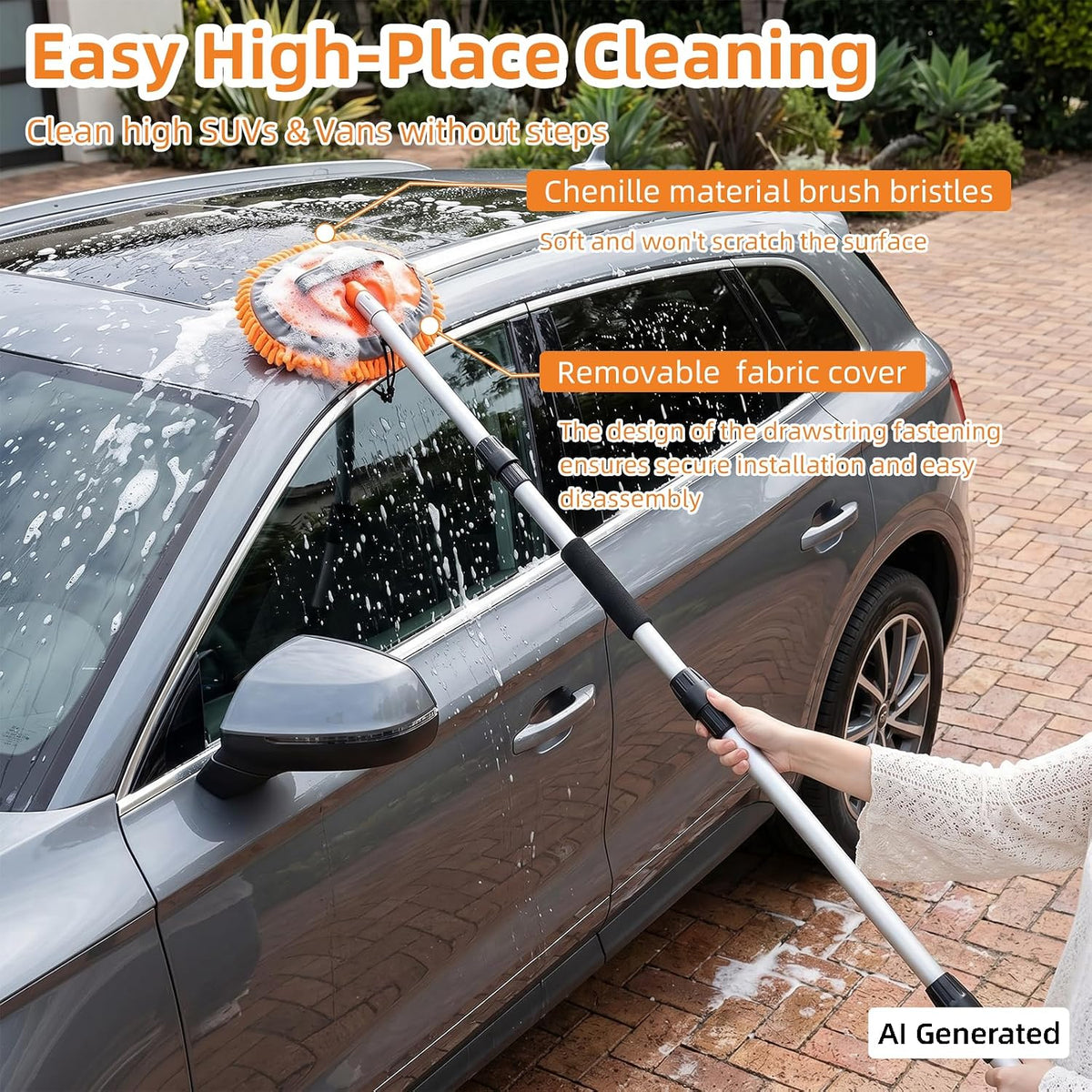 70" Car Wash Brush with Long Handle, 12-Inch Flow-Thru Soft Bristle Car Washing Brush, Wheel Brush, Microfiber Cleaning Mop, Mitt, Window Squeegee, Interior Cleaning Kit, Bag, for Car SUV Truck RV