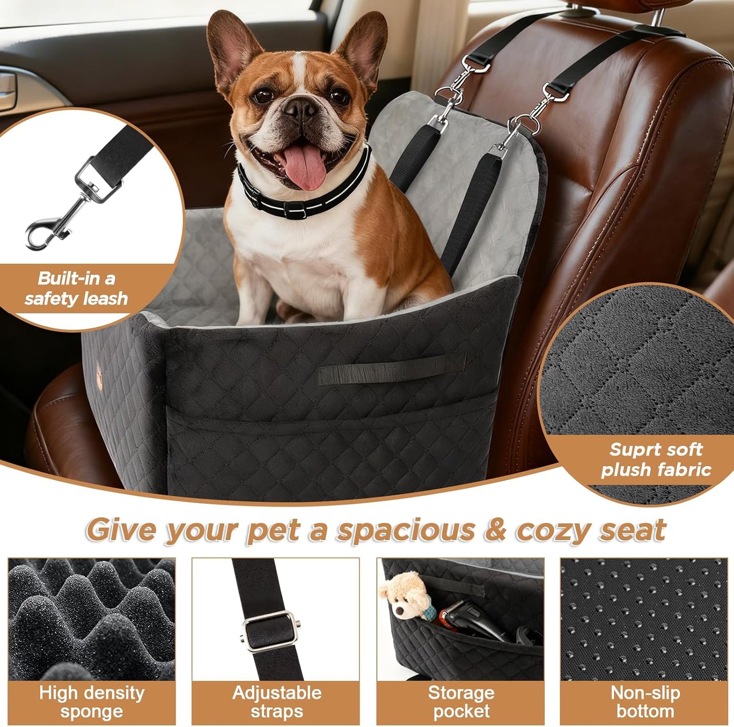 Dog Car Seats for Small/Medium Dogs, Puppy Car Seat with Side Opening, Thick Cushion, Detachable Washable Dog Carseat with Storage Pockets for Dogs Up to 35lbs (Grey)