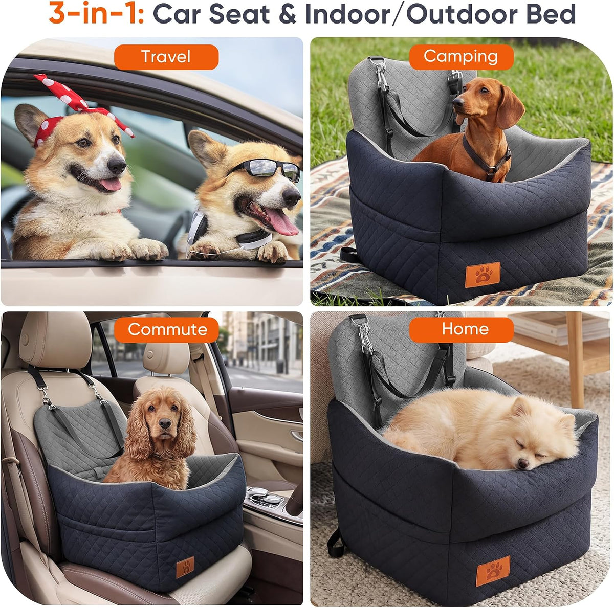 Elevated Dog Car Seat for Small & Medium Dogs Up to 35lbs - Washable Memory Foam Portable Dog Booster Seat, Senior & Puppy Pet Travel Bed for Car (Black/Grey)