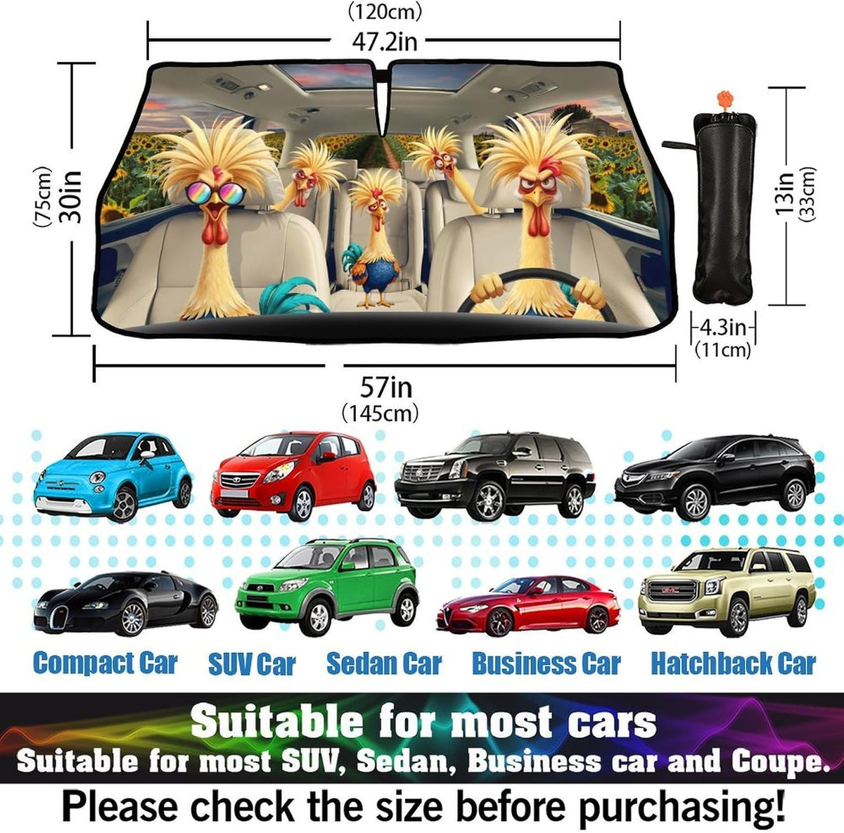 CHILL·TEK Print Rooster Windshield Sun Shade Funny Rooster Sun Shade for Car Front Window Block UV Rays Foldable Umbrella Windshield Sun Visor Protector Keep Vehicle Cool for Most Vehicles