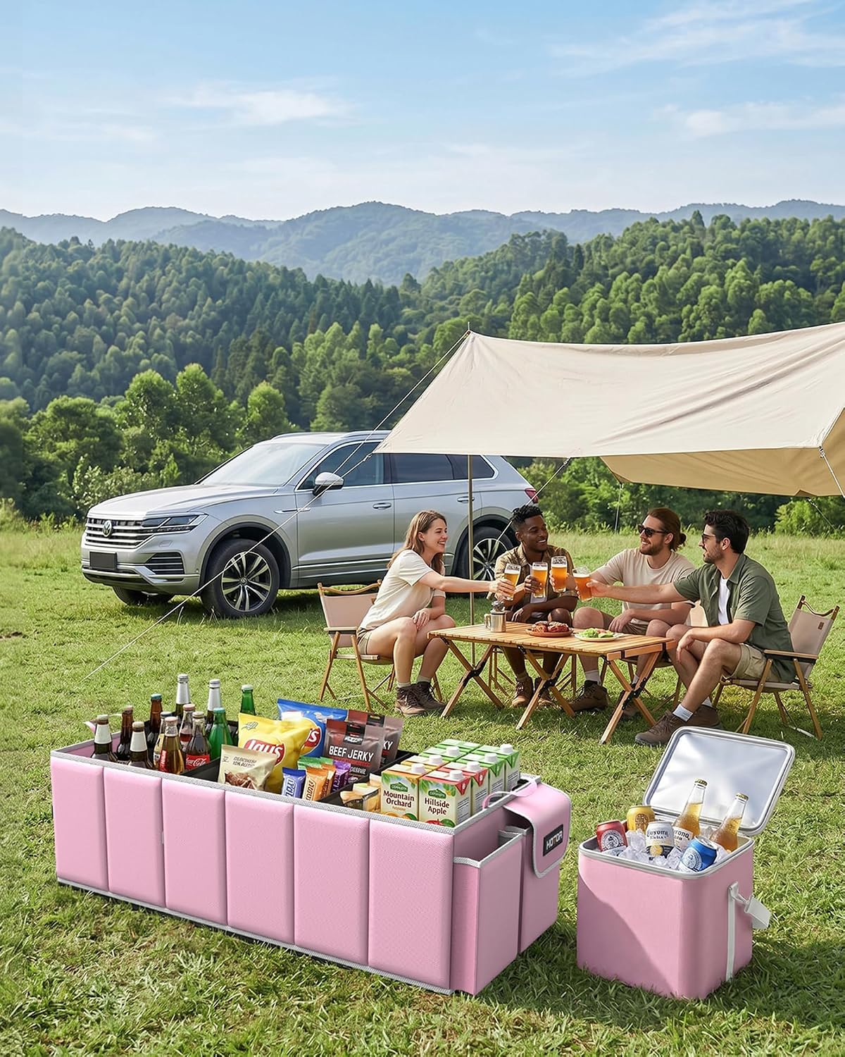 HOTOR Trunk Organizer, Sturdy Foldable with Cooler for Car & SUV, 3 Compartments, Pink, 30.90”×12.60”×10.63”