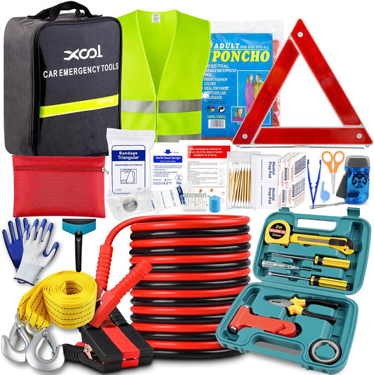 XOOL Car Emergency Kit with Jumper Cables, Car Roadside Emergency Kit, First Aid Kit, Tow Strap & Tool Set – Roadside Safety Kit for Cars, Trucks & SUVs