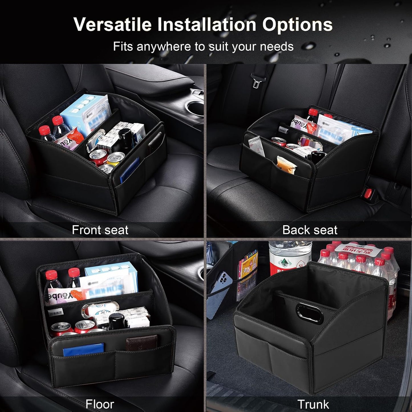 Car Storage Organizer [2025 UPDATED] Leather Car Caddy Basket for Front Seat Floor Back Seats Metal Handle 6 Compartments Adjustable Strap Buckles Slip-Resistant (Black)