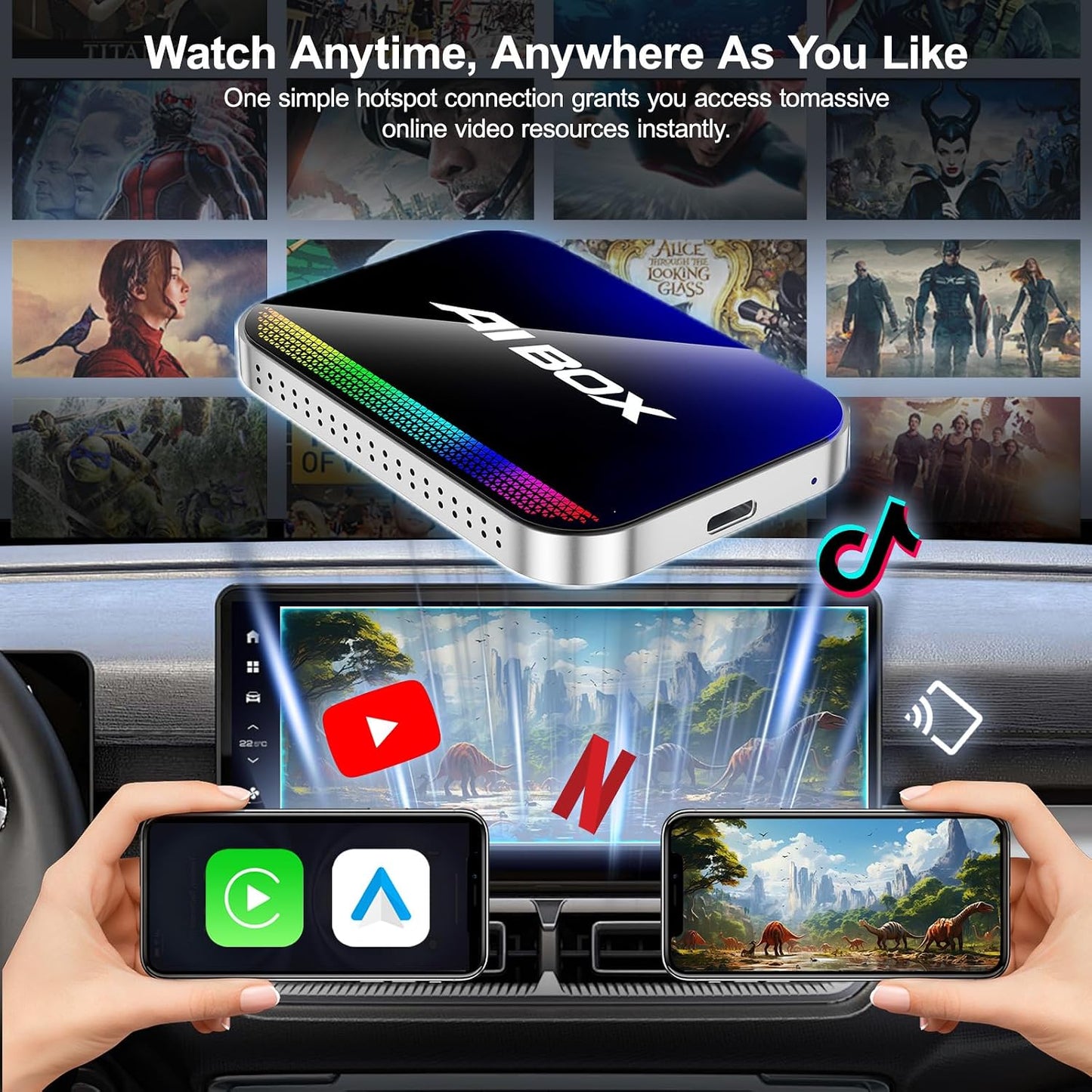 Magic AI Box, Wireless CarPlay Android Auto Adapter with Net-Flix YouTube TikTok, Built-in Play Store and Screen Mirroring, Plug and Play Video Adapter for OEM Factory Wired CarPlay Vehicles