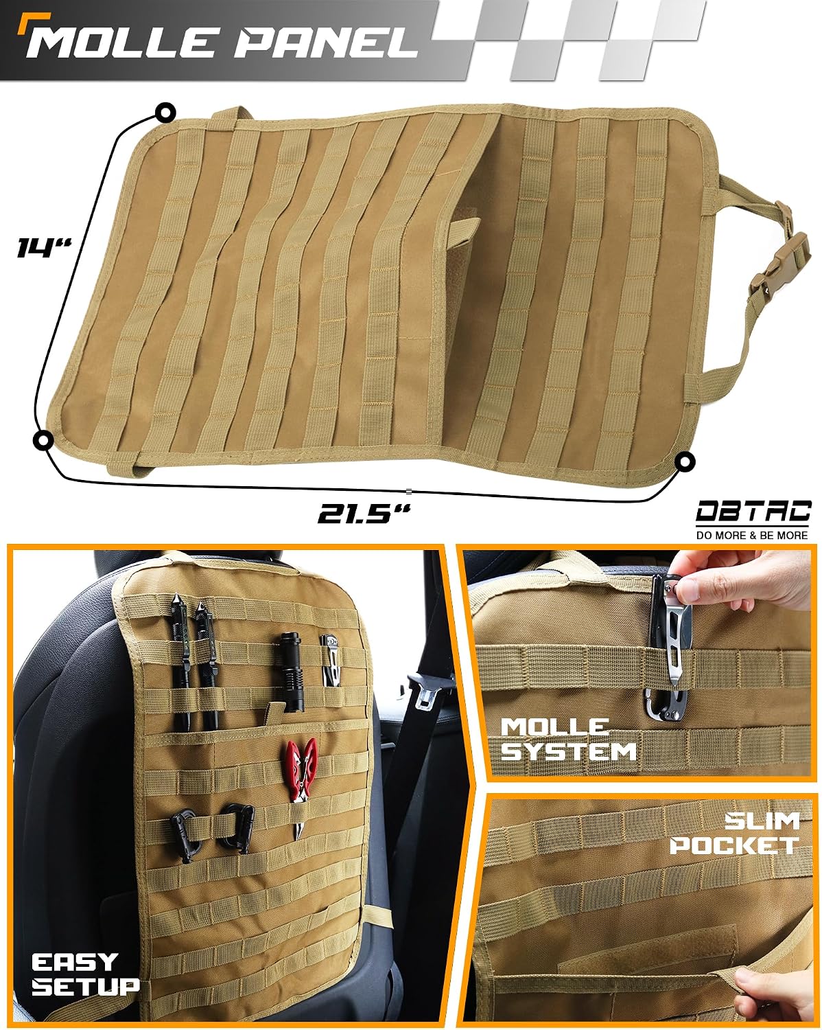 DBTAC Tactical Molle Car Seat Organizer | Vehicle Back Panel with 5X Detachable Pouches, US Flag & Writable Reflective Patch for Cars, Trucks, SUVs, Sedans