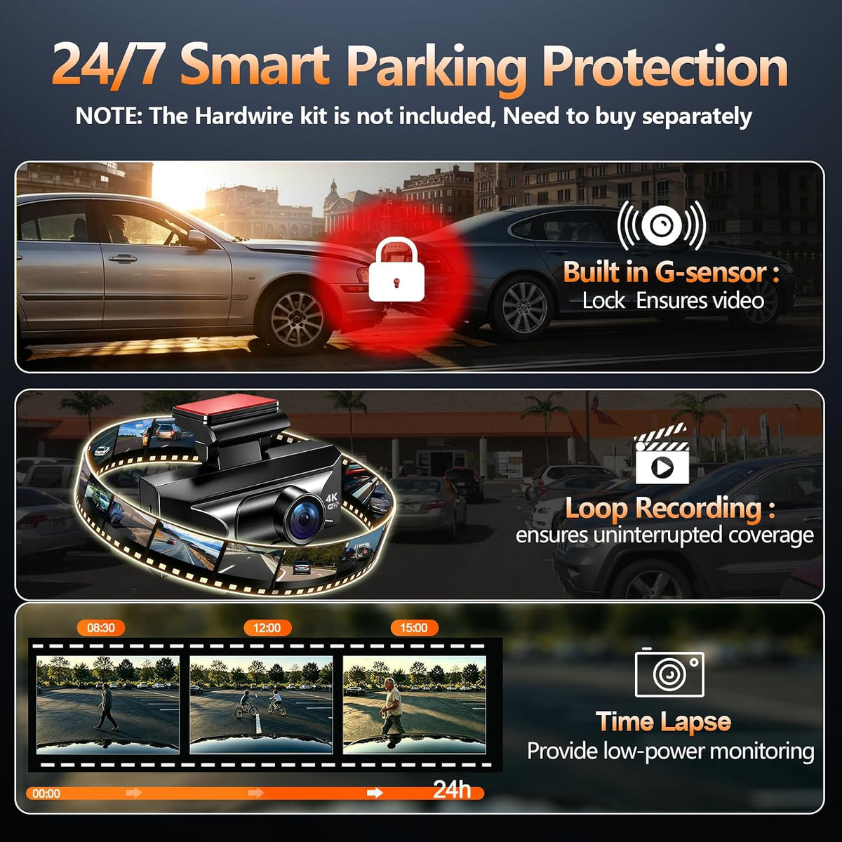 4K Dash Cam Front and Rear, 2.5k Rear,Starlight Night Vision G Sensor ADAS