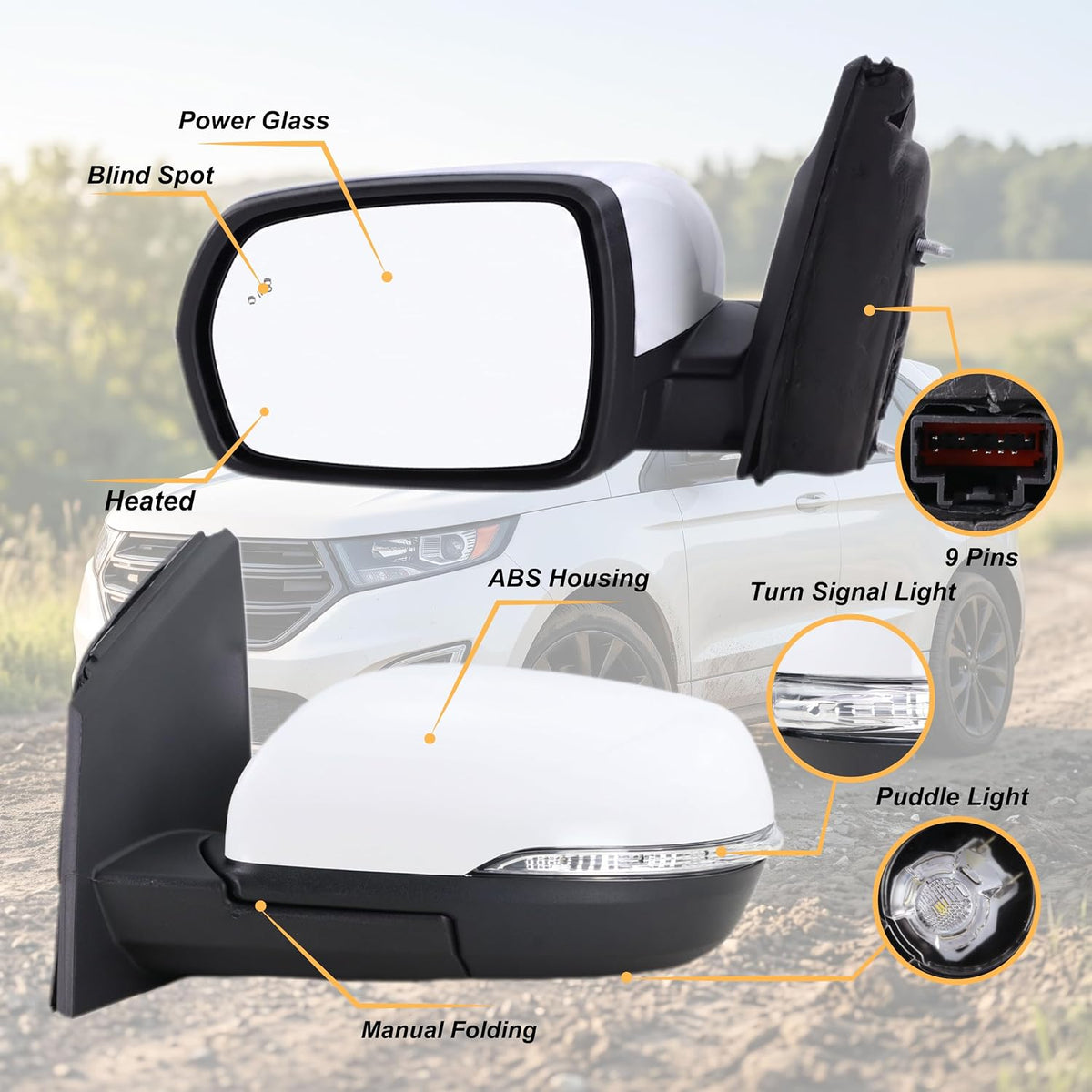 Left Driver Side Mirror Fits 2015 2016 2017 2018 2019 2020 2021 2022 2023 2024 Ford Edge With Manual Folding Heated Turn Signal Puddle Light Blind Spot White Replace#JT4Z-17683-FB(9Pins)