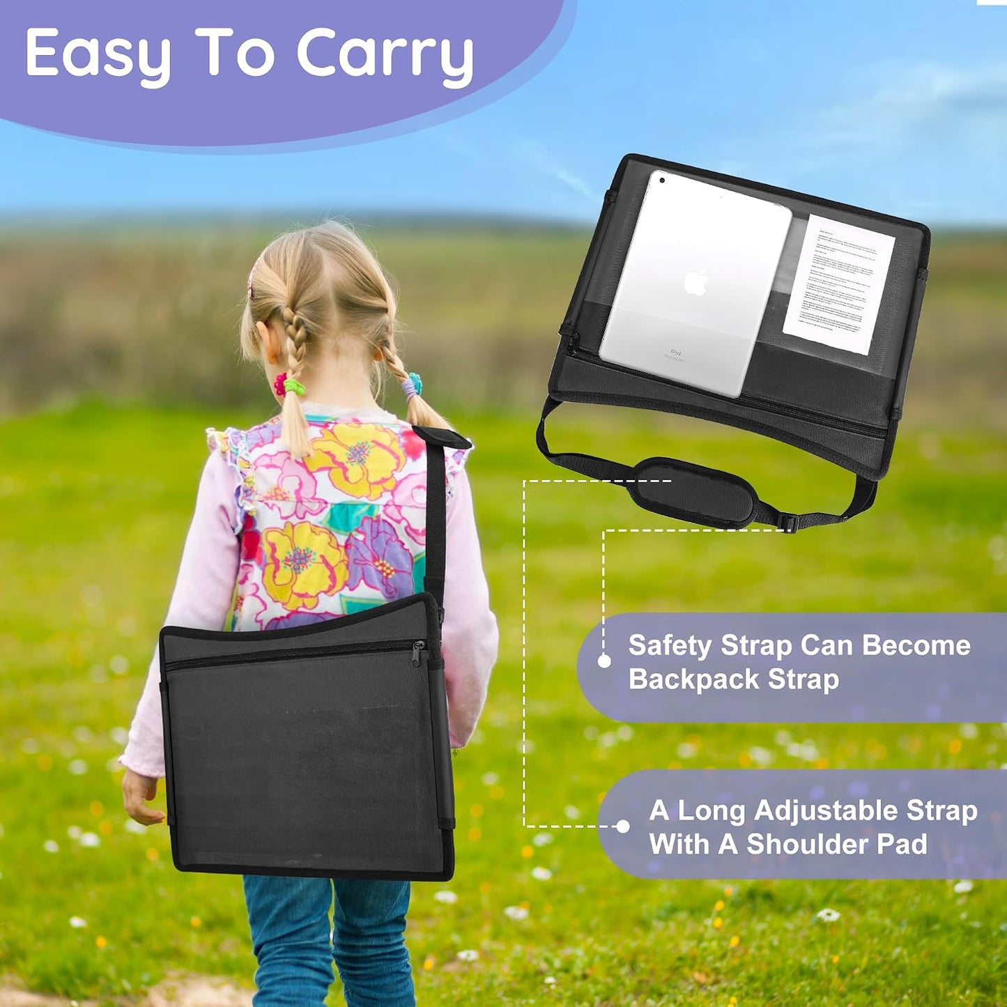 Kids Travel Tray, Kids Travel Trays for Car Seat, Road Trip Essentials for Toddler, Carseat Lap Tray with Dry Erase Board & Storage Organizer for Road Trip Activities for Kid, Black