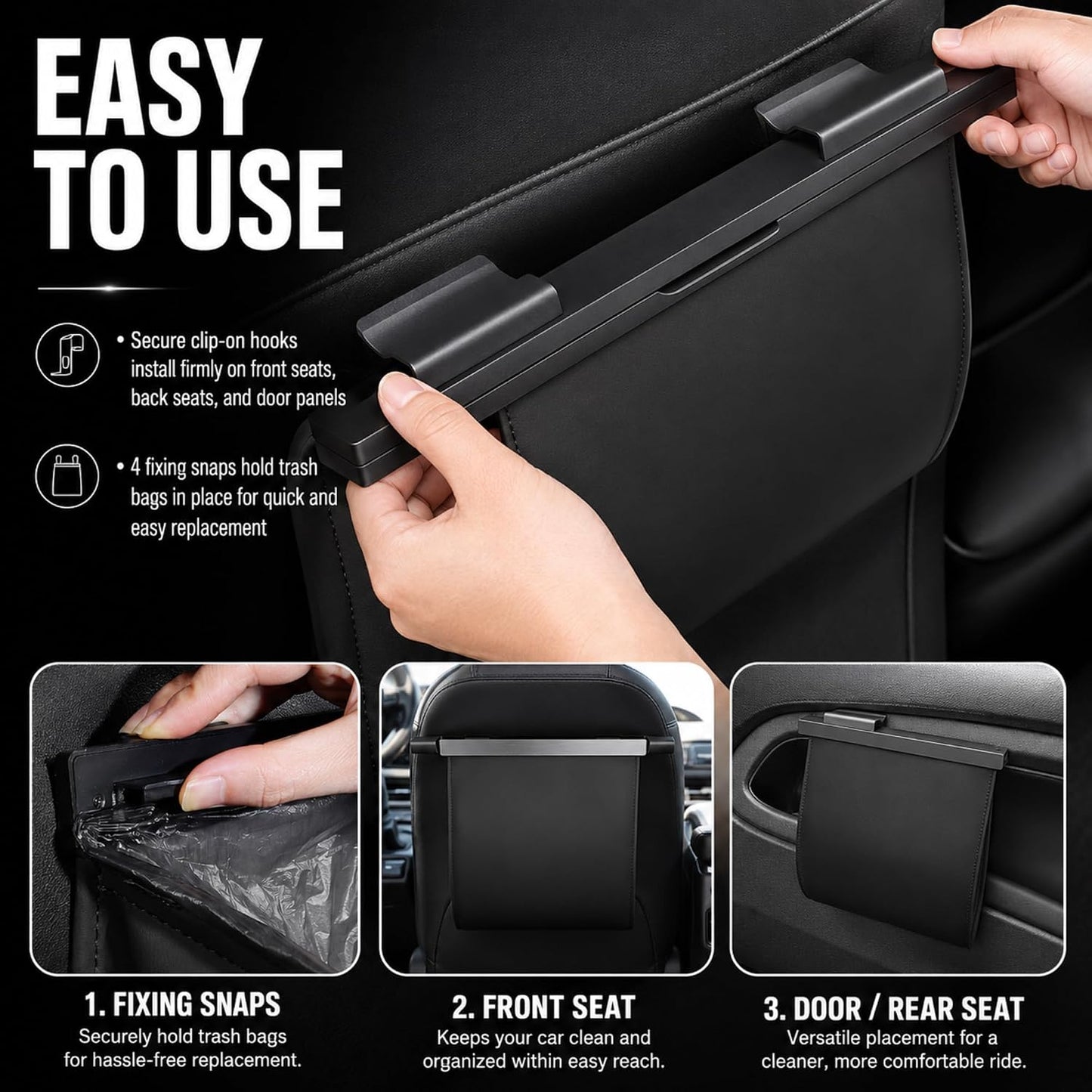 Car Trash Can Leak-Proof, 4 Pack Black Large Capacity Auto Trash Bin with Magnetic Opening, Multi-Purpose Open-Top Car Organizer for Backseat, Console, Door, Phone, Drinks, and Small Items