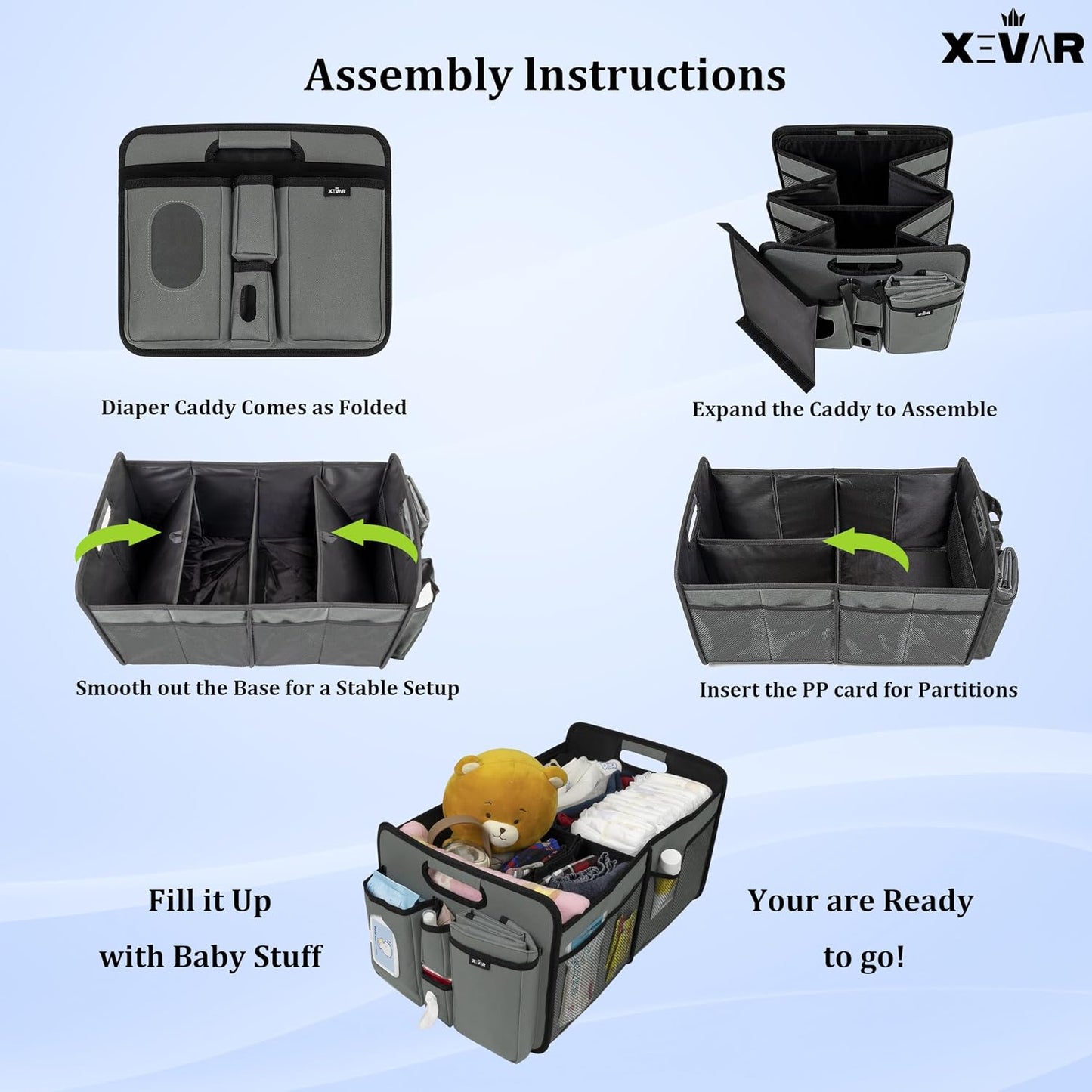 Baby Diaper Caddy Organizer with Changing Mat - Portable Car Caddy for Newborn Essentials, Diapers &amp; Wipes, Perfect for Baby Shower and New Mom | Oxford Fabric, Grey