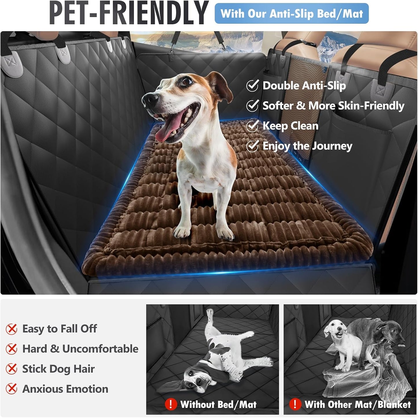 Backseat Dog Bed Non-Slip, Dog Bed for Car Back Seat Soft and Comfortable, Back Seat Pet Bed Mat for Travel, Pet Car Blanket for Backseat Extender and Seat Covers Brown (51”X 23.5”)