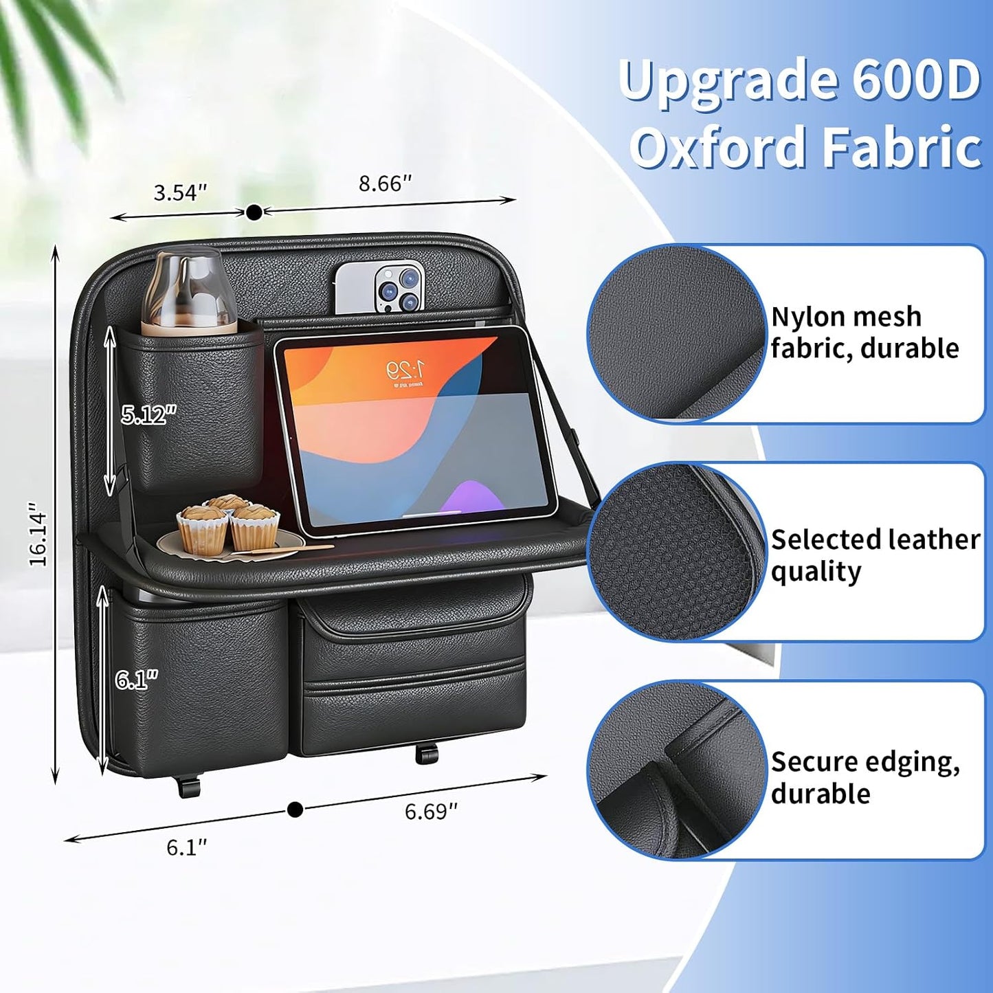 Car Backseat Organizer with Foldable Table Tray,Hanging Storage Bag with Touch Screen Phone Holder,Premium PU Leather Material,Compatible with Most Vehicles,Inner Car Accessories