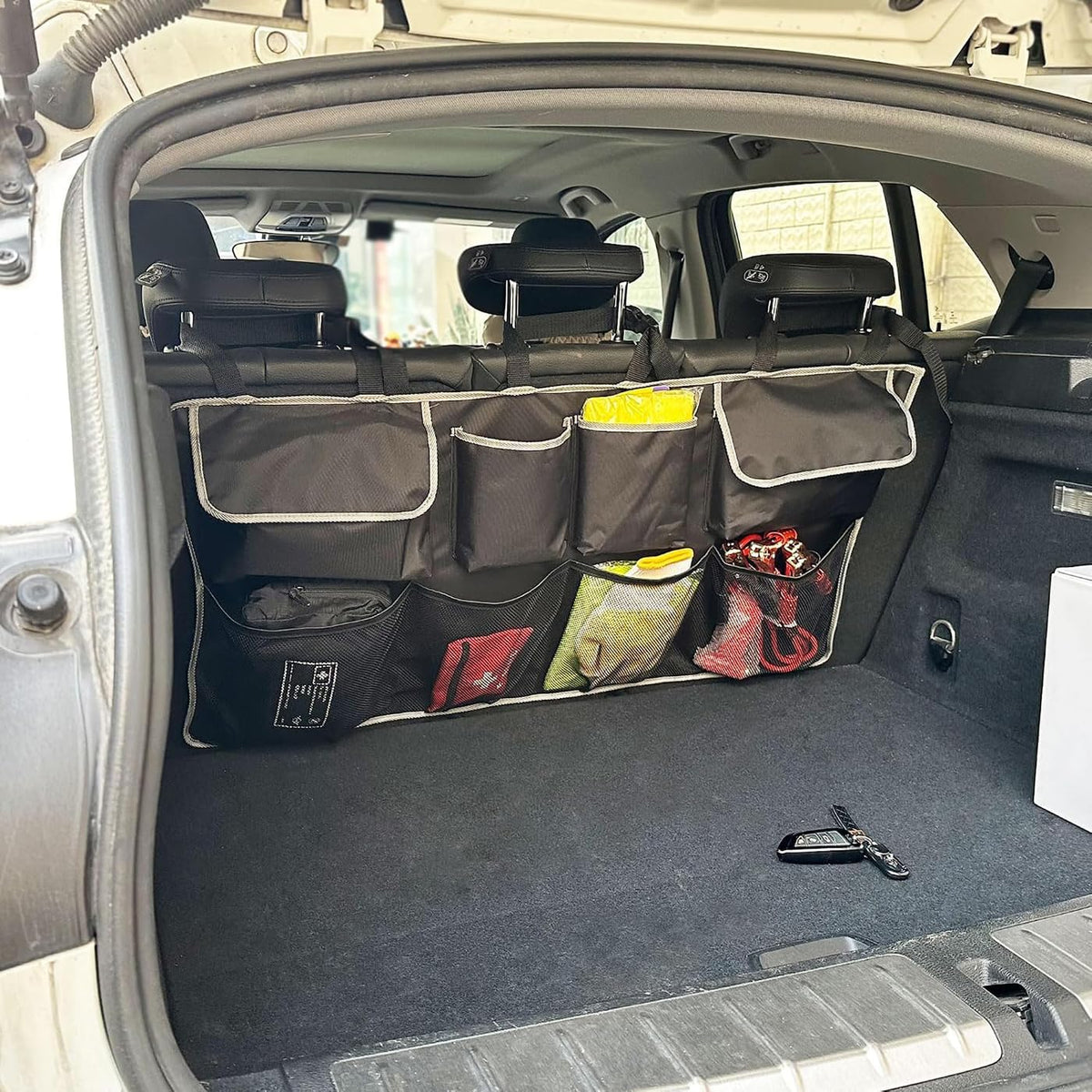 Car Back Seat Trunk Organizer Hanging Bag, Car Interior Organizer Accessories with 4 Pockets and 4 Mesh Pouches,Save More Storage Trunk Space for SUV,Jeep,MPV