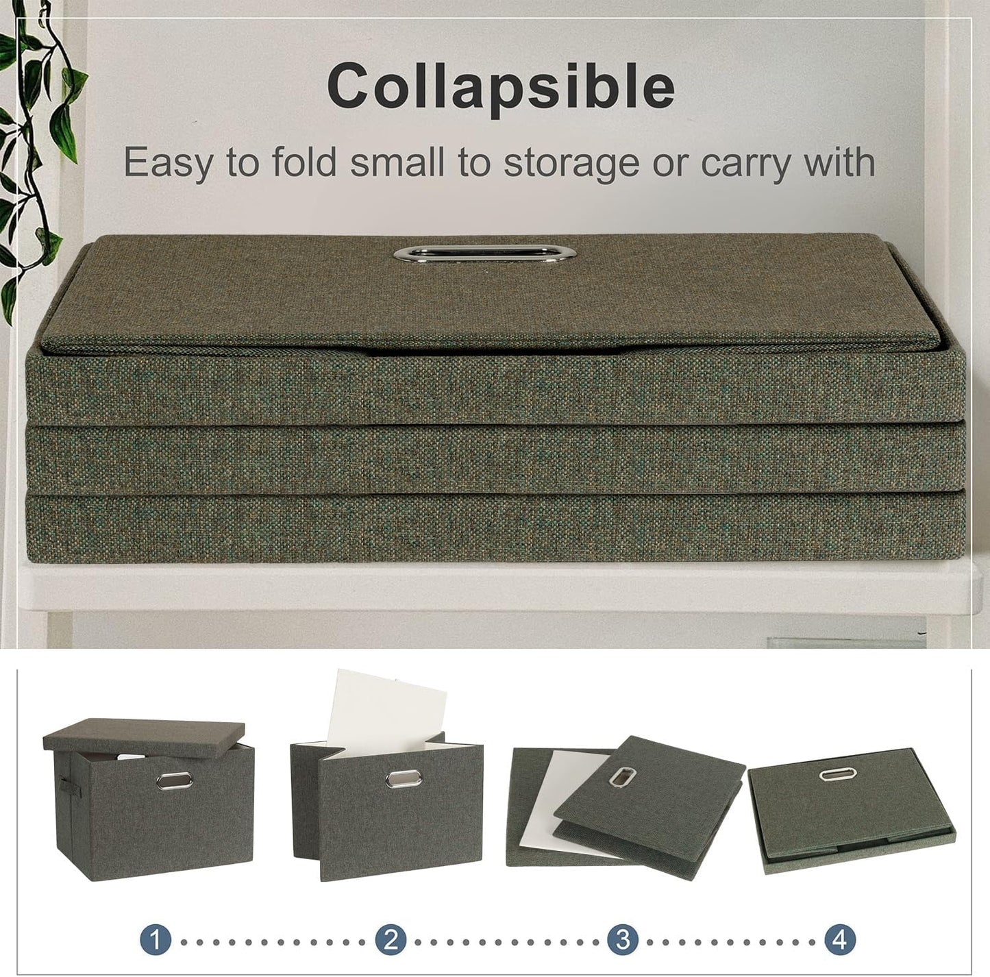 Graciadeco Large 17" 36 Quart Collapsible Stackable Storage Bins with Lids, 3 Packs Dark green Foldable Fabric Closet Storage Boxes with Lids, Heavy-duty Linen Cube Baskets(17x12x11)