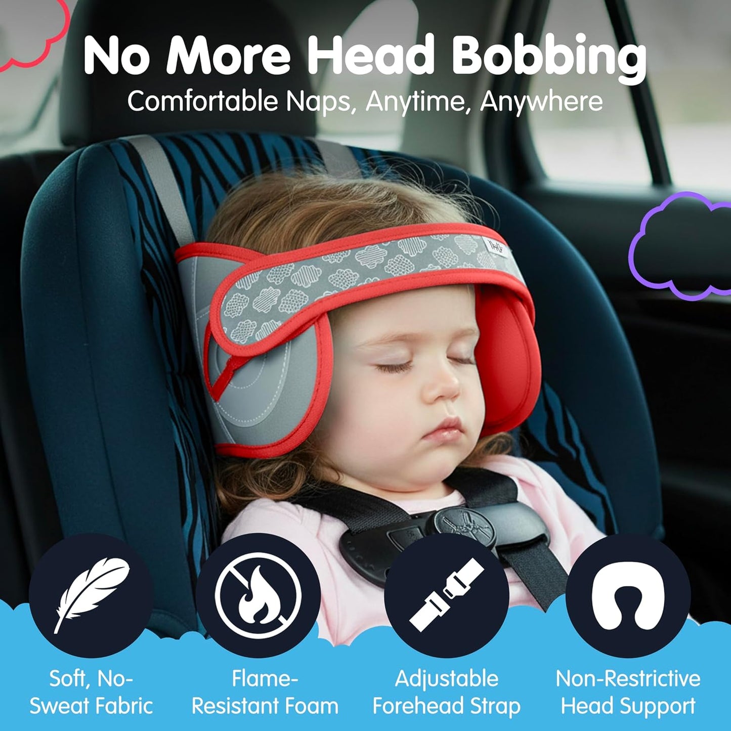 NapUp Adjustable Head Support for Car Seat – Patented & Crash-Tested Anti-Bobbing Head Holder Strap, Comfortable Sleep Solution - Breathable Fabric, Kids Travel Accessories - Ages 2+ - Red