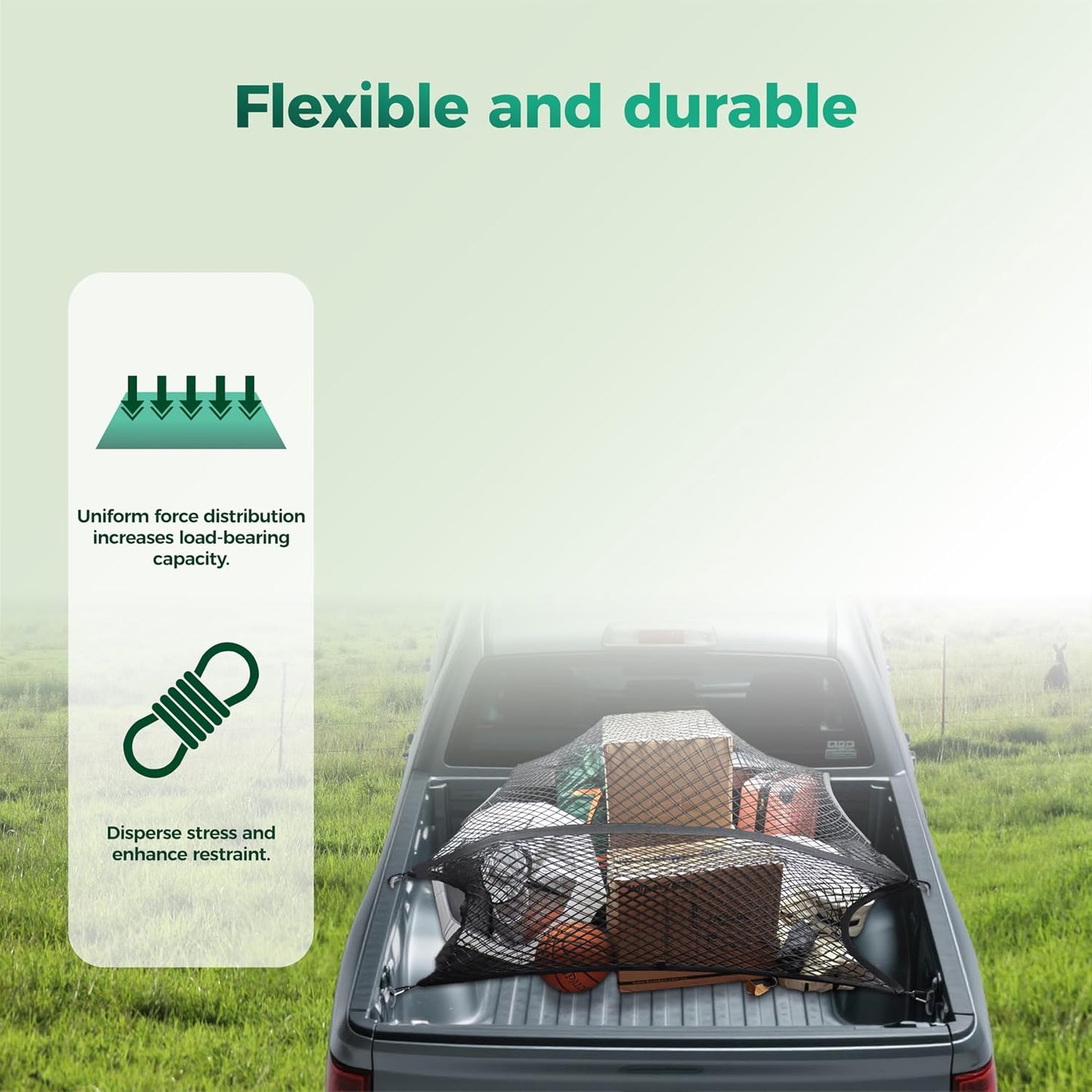 Stretchable Cargo Net (4'x4' Stretches to 8'x8') - Adjustable Elastic Trunk & Truck Bed Storage Organizer with Hook for SUVs, Cars and Trucks, Ideal for Securing Daily Light Loads