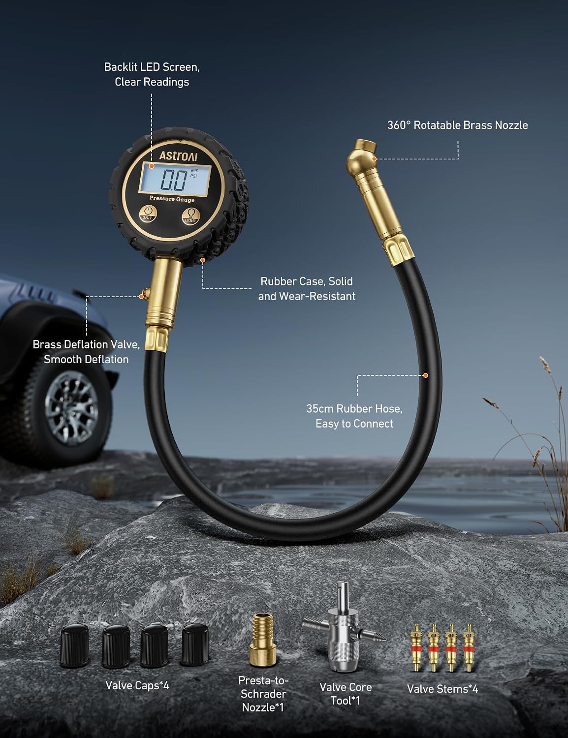 AstroAI Pro Digital Tire Pressure Gauge 3-250PSI ANSI B40.7 Grade 2A (±0.5%), Tire Gauge for Tire Pressure, Solid Brass with Rubber Hose, Air Bleeder Valve and Backlit LED, Car Accessories