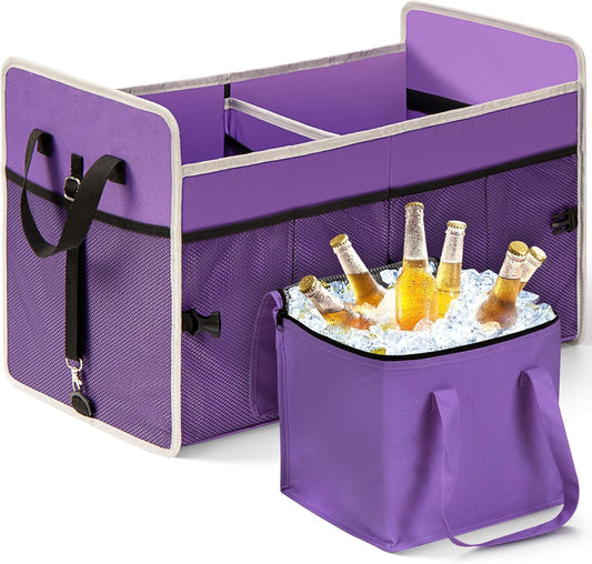 Car Trunk Organizer with Individual Cooler Bag - 2 Compartment Collapsible Car Storage for SUV (Purple)