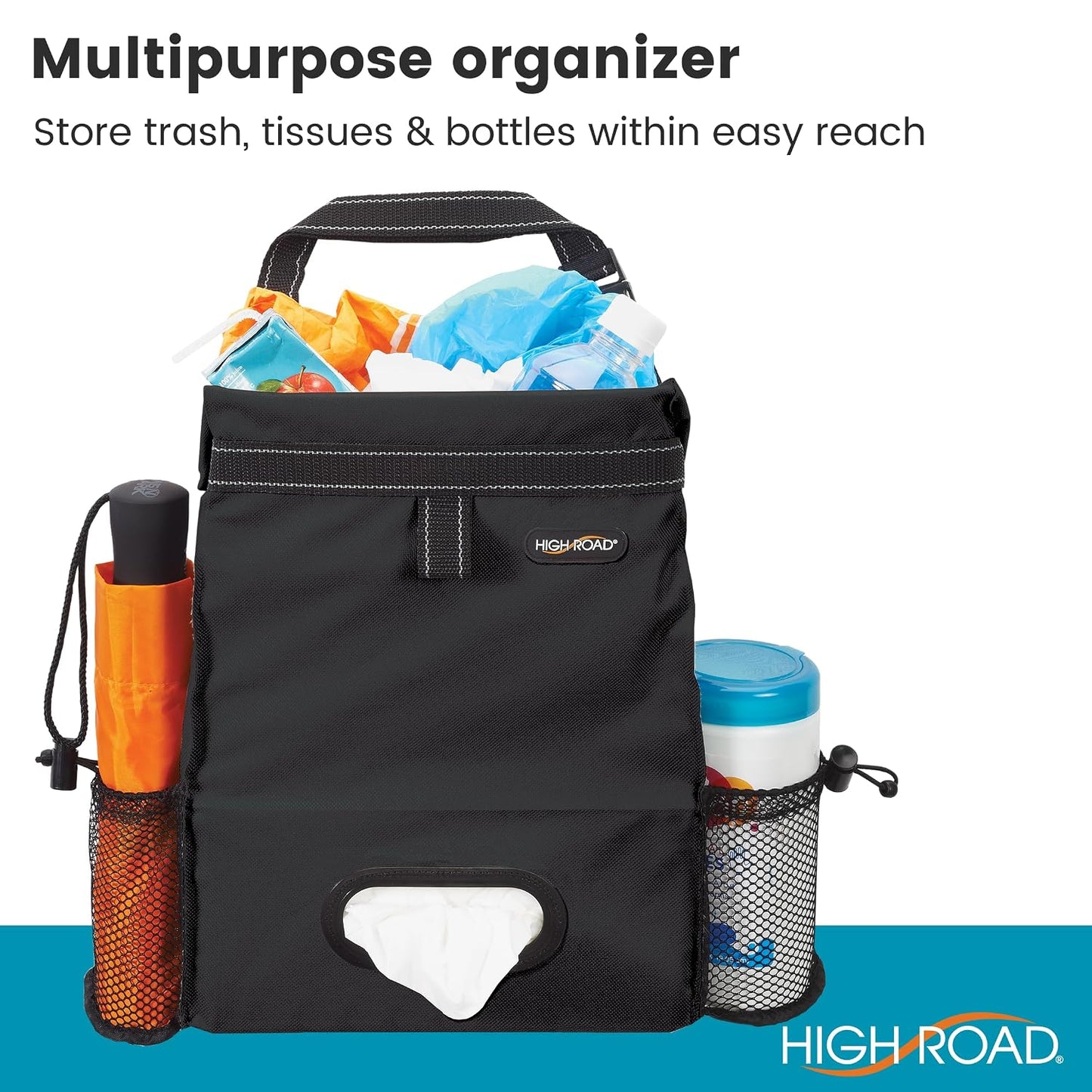 High Road Car Organizer with Car Trash Bag and Tissue Holder - Holds Full Size Tissue Box, Bottles and Wipe Containers - 2 Gal Leakproof Covered Car Trash Can with Push-Close Lid