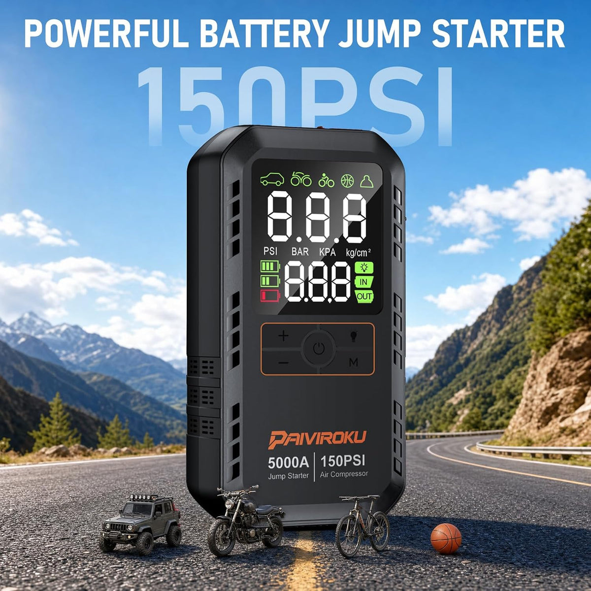 5000A Car Battery Jump Starter with Air Compressor,Car Battery Jumper Starter Portable 8L Gas/7L Diesel,150PSI Tire Inflator&12V Car Battery Jump Box with 500LM LED/36W Fast Charge/Jump Cables