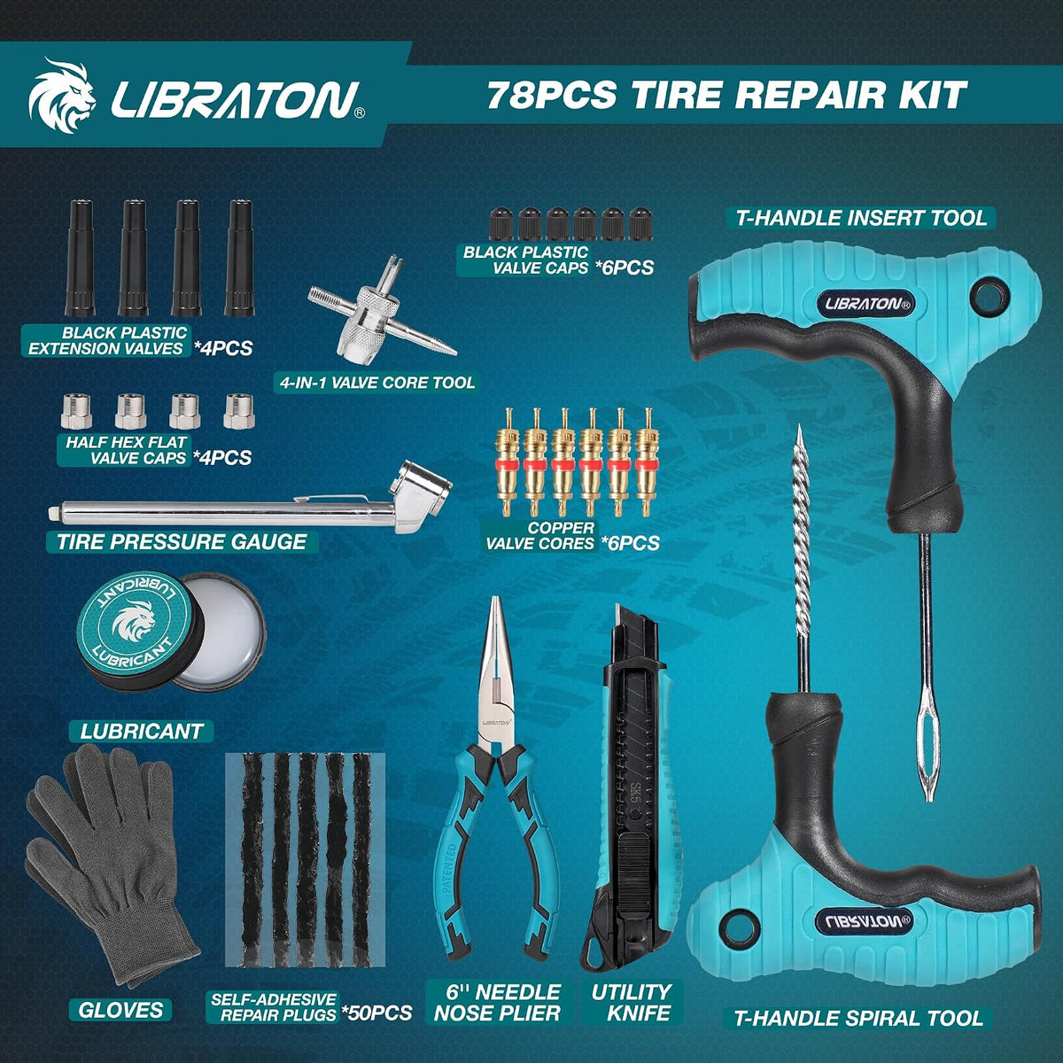 LIBRATON Tire Plug Kit, 78PCS Tire Repair Kit, Professional Tire Patch Kit