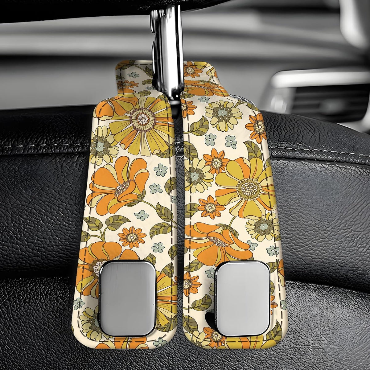 Car Seat Back Storage Headrest Hook, Premium Leather Double Metal Hook, Hanger Storage Organizer for Purse Cloth Bag, Car Interior Accessories Boho Orange Flowers