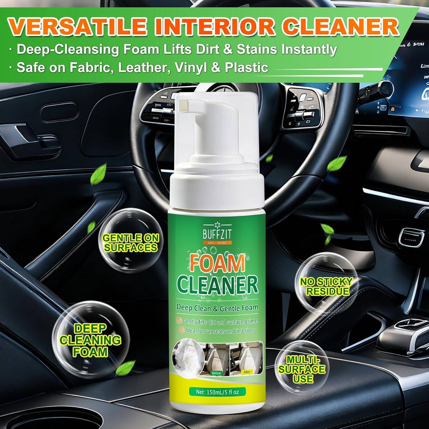 Car Interior Foam Cleaner Kit, Multifunctional Auto Detailing Cleaner with Brush & Towel, Deep Clean Car Seats, Carpet, Upholstery & Dashboard, Safe for Leather, Fabric, Vinyl & Plastic, 5oz