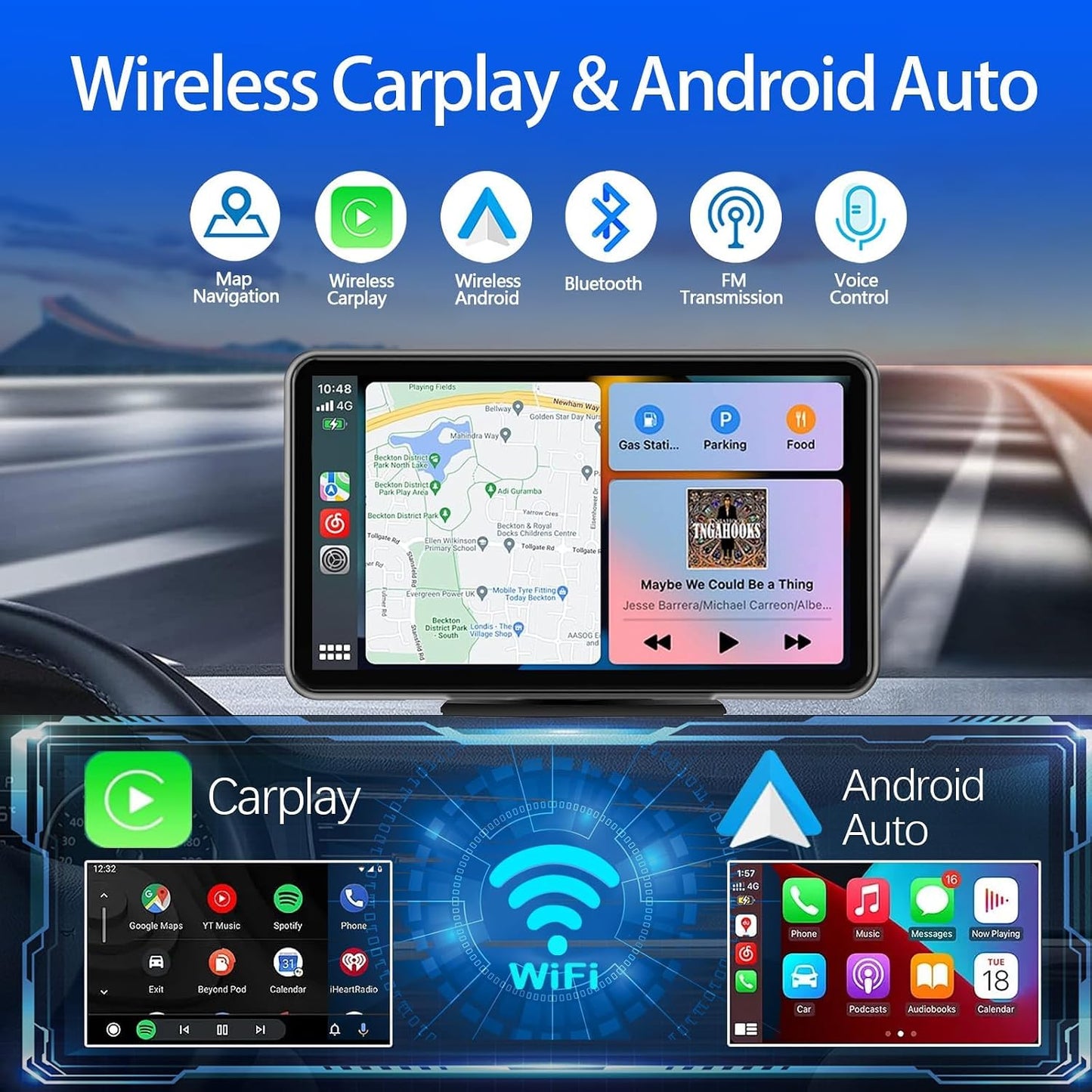 Carplay Wireless Portable Touchscreen Car Stereo Bluetooth Voice Control 7" for Apple Car Play & Android Auto Car Audio HD Screen with 1080p Backup Camera GPS Navigation/Mirror Link Fits All Cars
