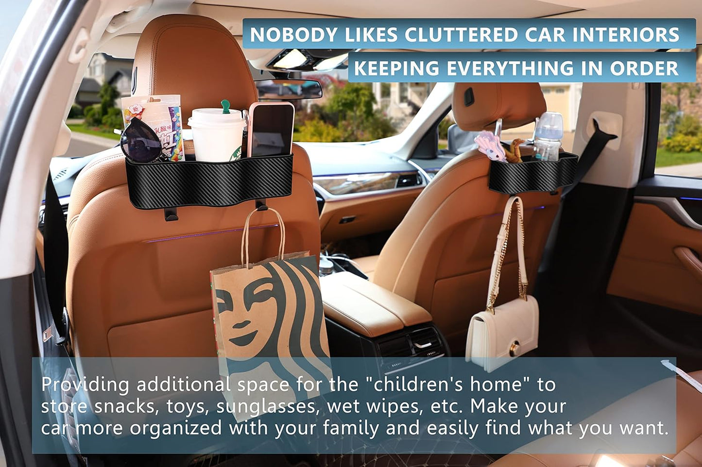 Backseat Car Organizer with Cup Holder - Multifunctional Back Seat Car Organizer with Two Seat Hooks, Fits Most Cars, Can Hold Snacks, Canned Drinks & Phones, Perfect for Travel