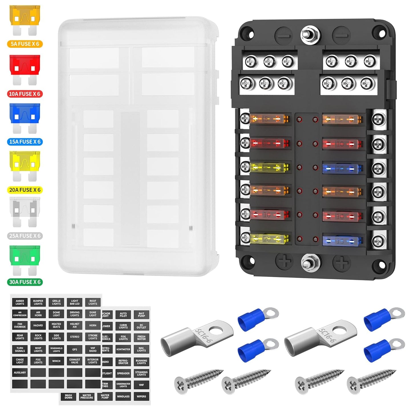 DaierTek 12V Fuse Block 6 Way 12 Volt Fuse Box ATO/ATC Marine Fuse Panel with LED Indicator Light Waterproof 24V for Automotive Boat Car Truck