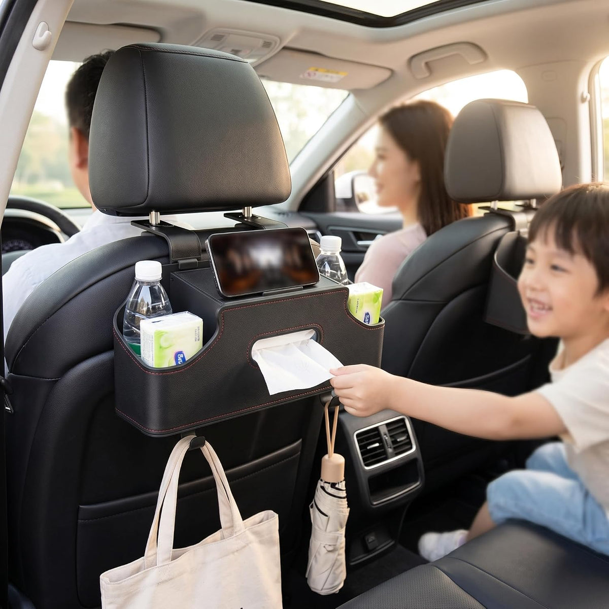 Car Seat Back Organizer, Cup Holder & Tissue Holder & Phone Stand & Dual Hooks, Multi-functional Load-bearing Storage Box for Phone Umbrella Bag, for Most Cars Trucks SUVs (Black)
