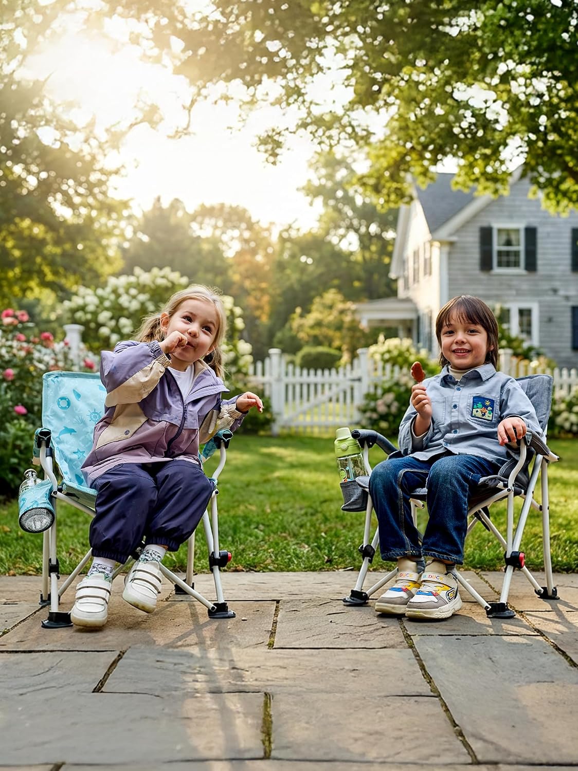 EVER ADVANCED Kids Camping Chairs with Cup Holder, Padded Folding Camping Chair Outdoor with Safety Lock, Carry Bag, Lightweight Portable Camp Chairs for Beach, Balcony, Patio, Supports 150lbs, Grey