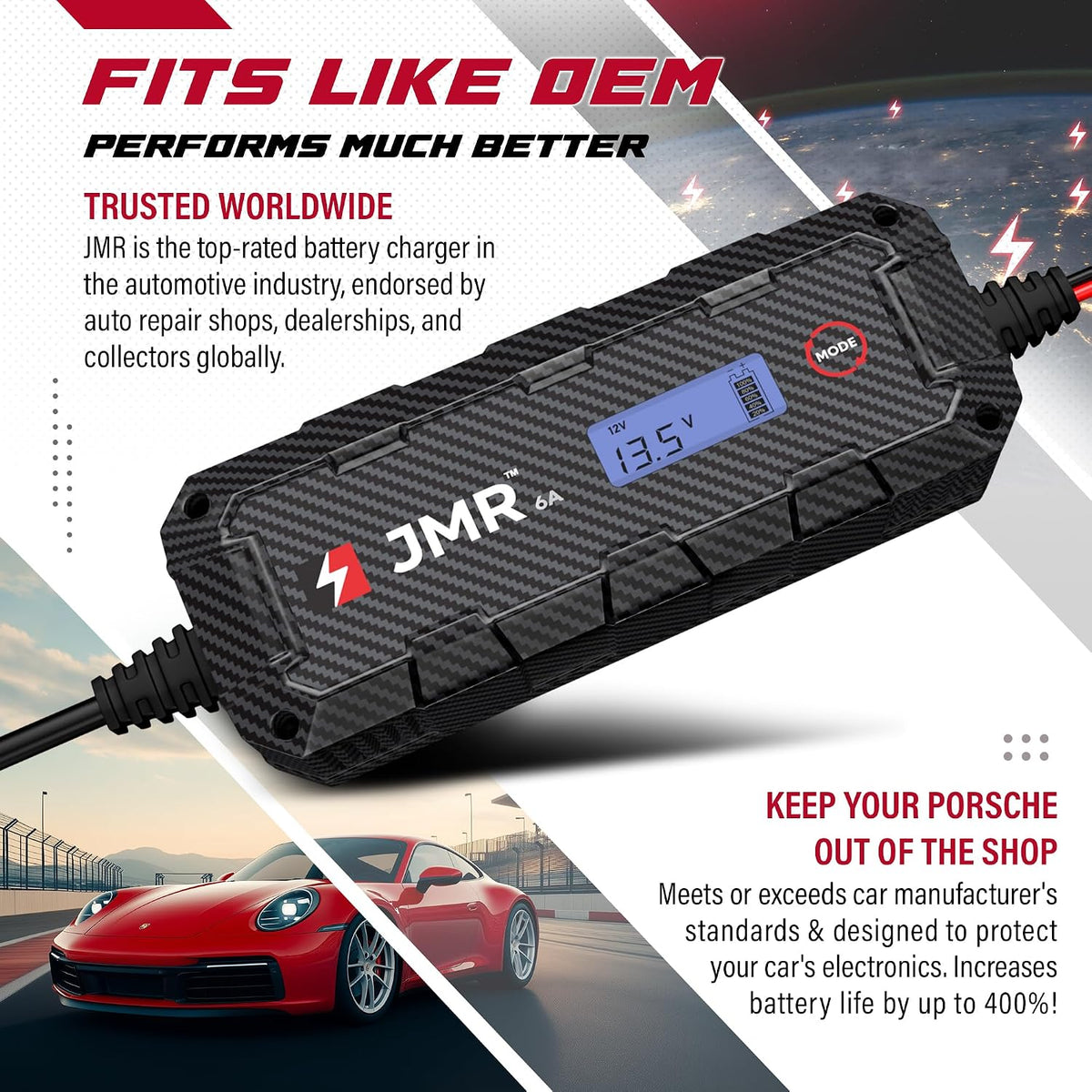JMR 12V Battery Charger for Porsche, 12V Cig. Port, No Lithium Mode