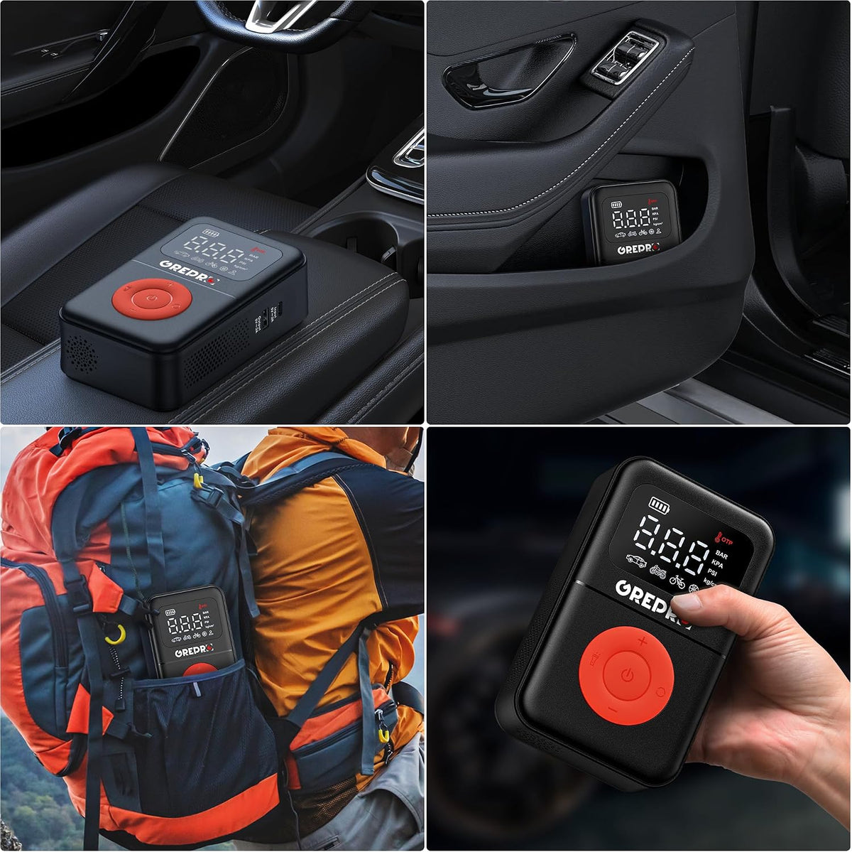 GREPRO Tire Inflator Portable Air Compressor, 160 PSI Portable Air Pump with Digital Pressure Gauge, LED Light, and Multiple Adapters for Car, Motorcycle, Bicycle, and Other Inflatables