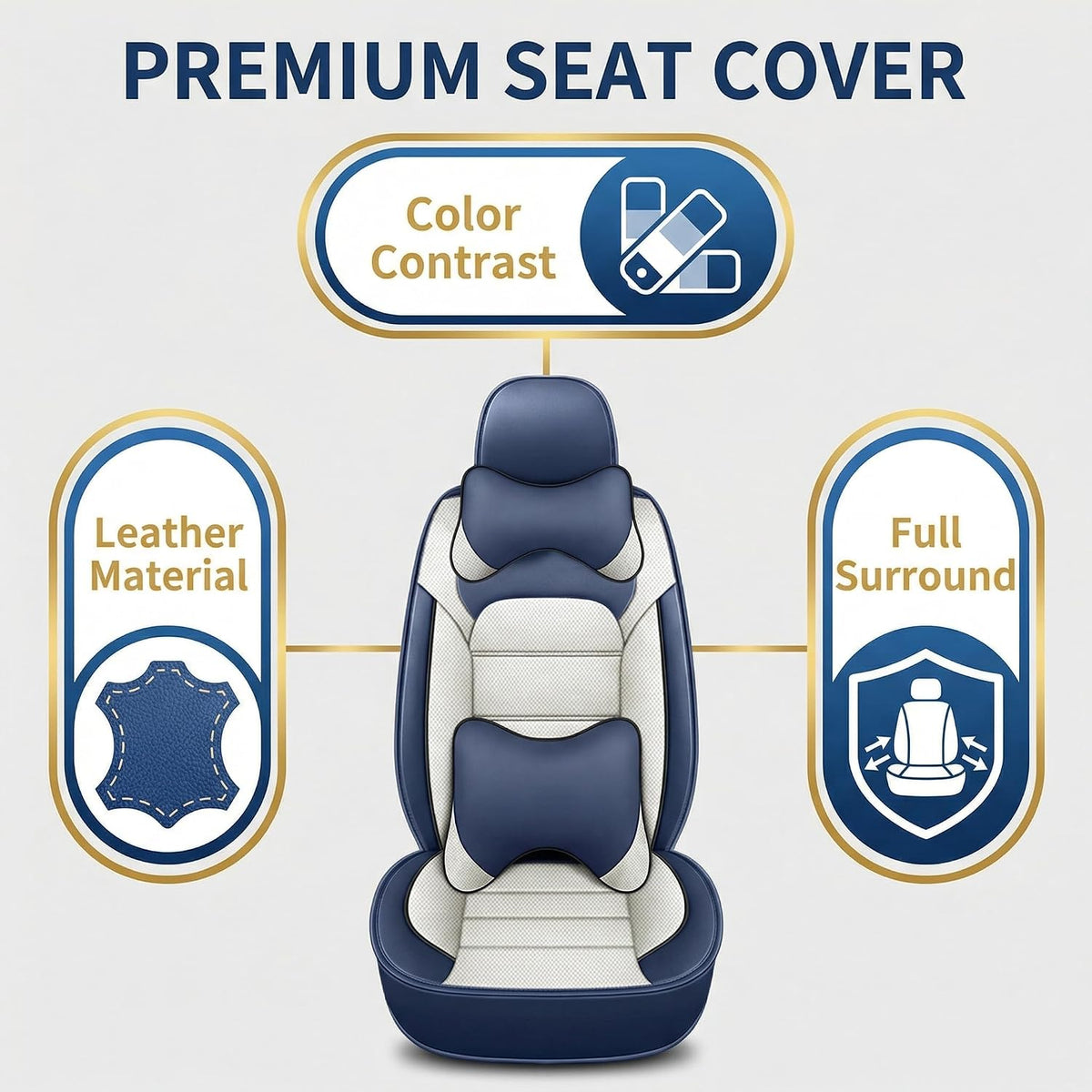 YQ FU Leather Seat Covers Blue White Full Set w/ 2 Pillows Universal 2 Row