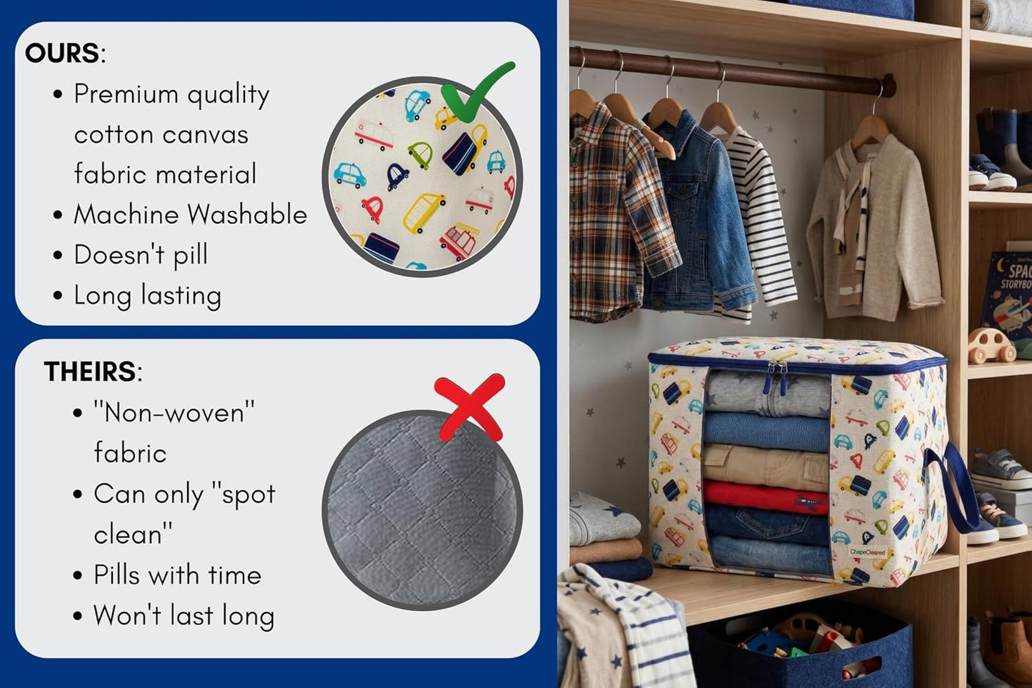Chaos Cleared Kids Storage Bags – 100% Cotton Canvas Toy & Clothes Organizer with Cute Design – Storage Bin for Stuffed Animals, Baby Items & Clothes with Zipper & Handles (Cars Boy Print)