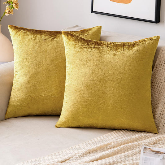 EMEMA Fall Bright Gold Velvet Throw Pillow Covers 16x16 Inch Set of 2 Decorative Square Pillowcase Soft Solid Cushion Case for Couch Sofa Bedroom Livingroom