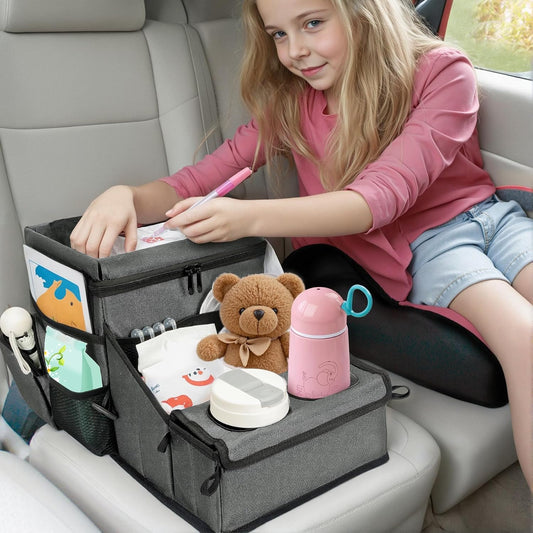 Backseat Organizer for Kids & Adults – Car Seat Cooler Warmer with 2-in-1 Writing Tray, Cup Holders & 11 Storage Compartments | Road Trip Car Organizer for Front & Back Seat (Grey)