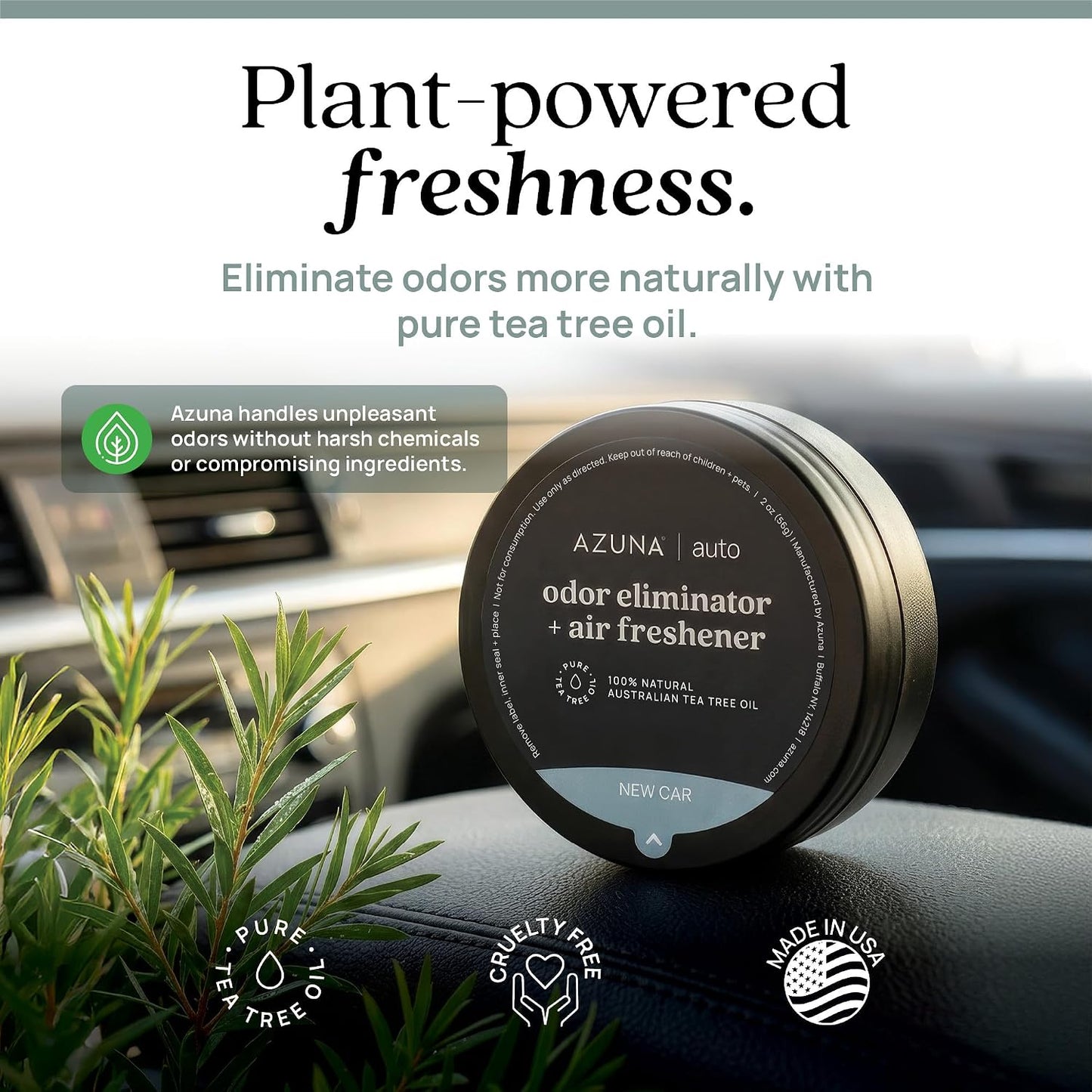 Azuna Car Air Freshener & Auto Odor Eliminator Pods Trio | New Car Scent | Plant Powered by 100% Australian Tea Tree Oil | Long Lasting and No harsh chemicals | Made in USA | 3 Pack of 2oz Pods
