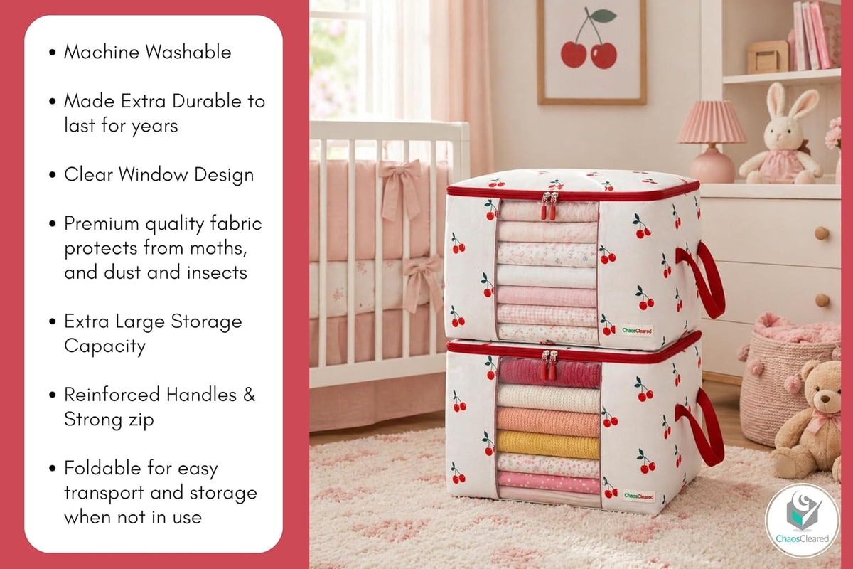 Chaos Cleared Kids Storage Bags – 100% Cotton Canvas Toy & Clothes Organizer with Cute Design – Storage Bin for Stuffed Animals, Baby Items & Clothes with Zipper & Handles (Cherry Print)