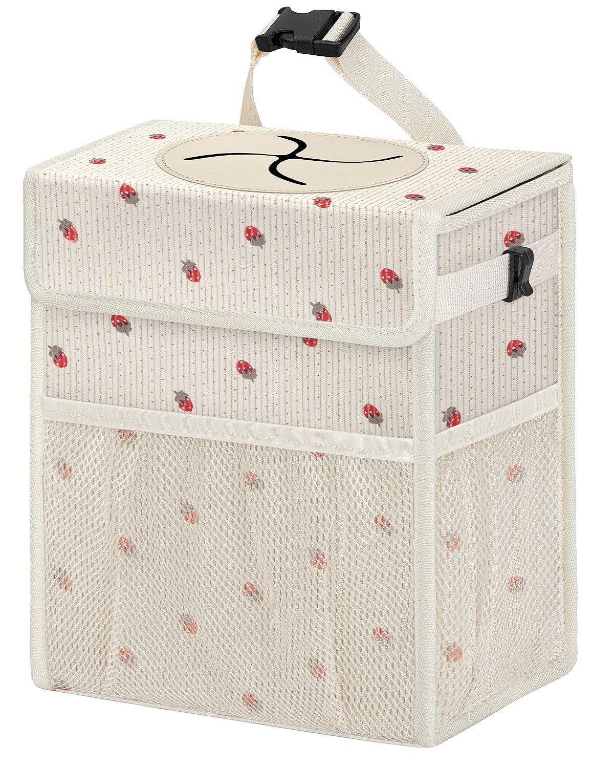 Corduroy Car Trash Can with Lid and Mesh Pockets - Leakproof Organizer,Multipurpose Waterproof Garbage Can/Trash Bin for Car(Off-White Base with Red Strawberry Print-2 Gallons)