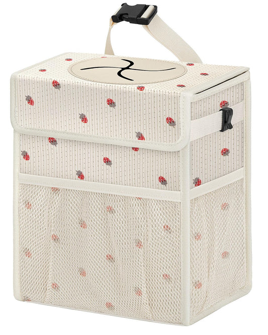 Corduroy Car Trash Can with Lid and Mesh Pockets - Leakproof Organizer,Multipurpose Waterproof Garbage Can/Trash Bin for Car(Off-White Base with Red Strawberry Print-2 Gallons)