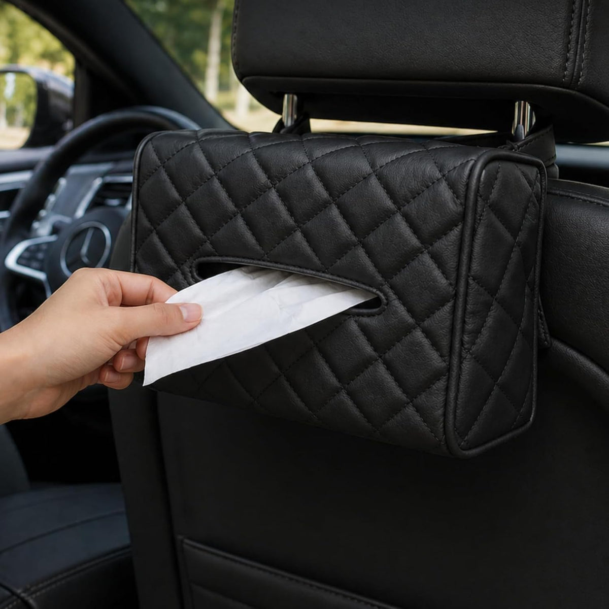 Luxury Quilted Car Tissue Holder – Headrest-Mounted Tissue Box for Cars, SUVs & Trucks – PU Leather Tissue Dispenser with Secure Strap – Easy One-Hand Access (Black)