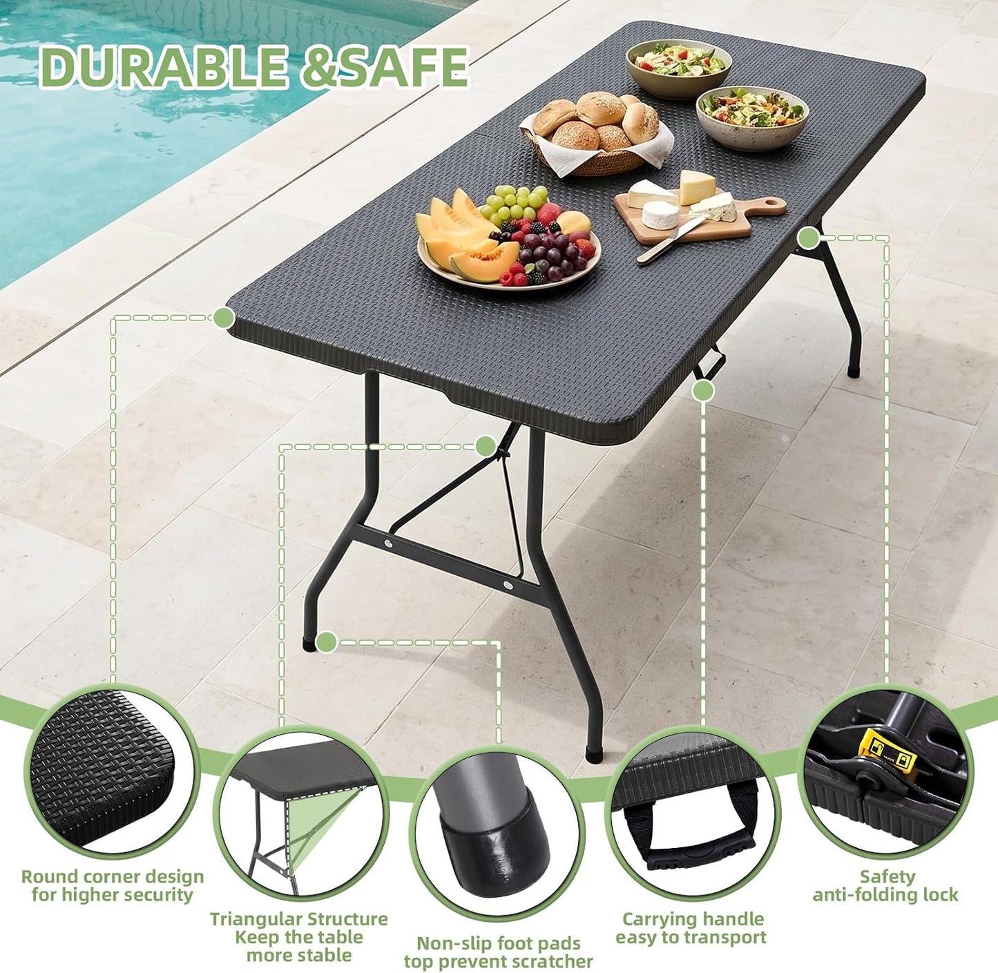 6FT Folding Table Portable Plastic Table with Carry Handle Fold-in-Half Utility Foldtable Table Black Ratten for Outdoor Party,Dining,Wedding,Camping,Picnic,Events